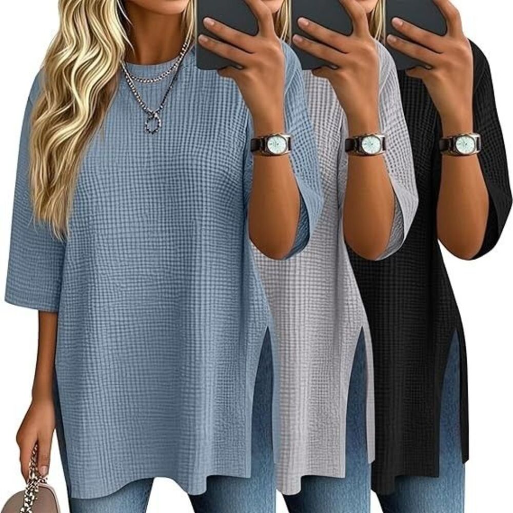 Baggyfly Women's 3 Pack T-Shirts X-LARGE 3/4 Sleeve Waffle Knit Tops Oversized